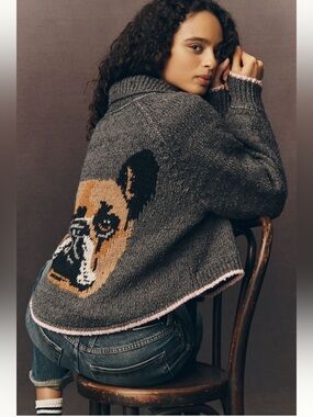 Anthropologie Pilcro The Jesse Dog Icon Frenchie Sweater Cardigan NWT Small